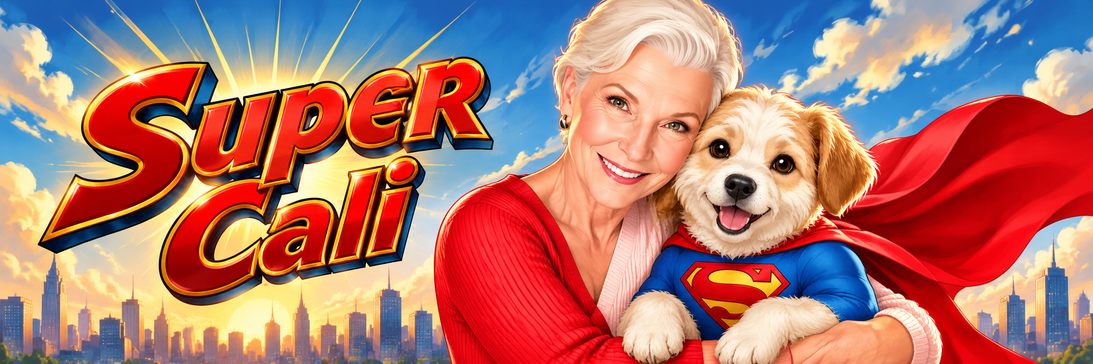 Super Cali wordmark beside Maye Musk holding the caped dog above a sunlit city